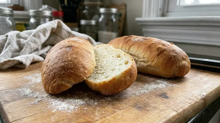 Philly cheesesteak bread — homemade hoagie rolls on a wooden board in natural window light