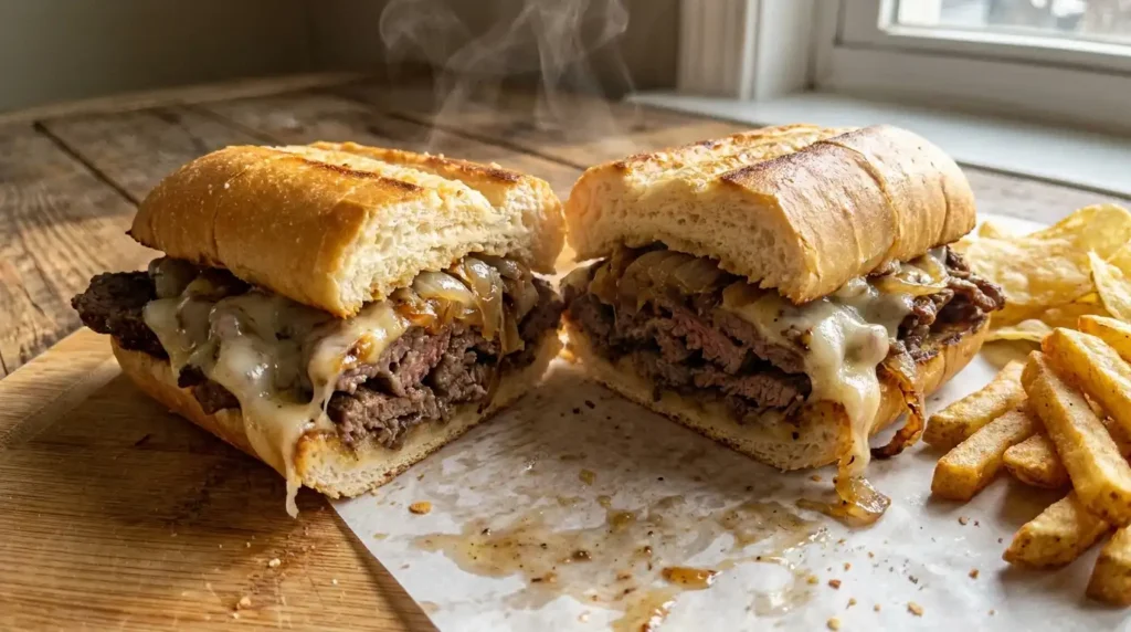 Philly cheesesteak on homemade bread — melted provolone, ribeye, and caramelized onions in a toasted hoagie roll