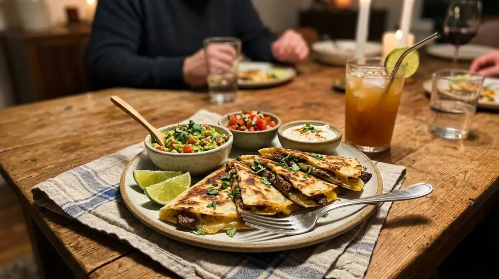 Sliced carne asada quesadilla served with guacamole, salsa, and sour cream on a dinner table