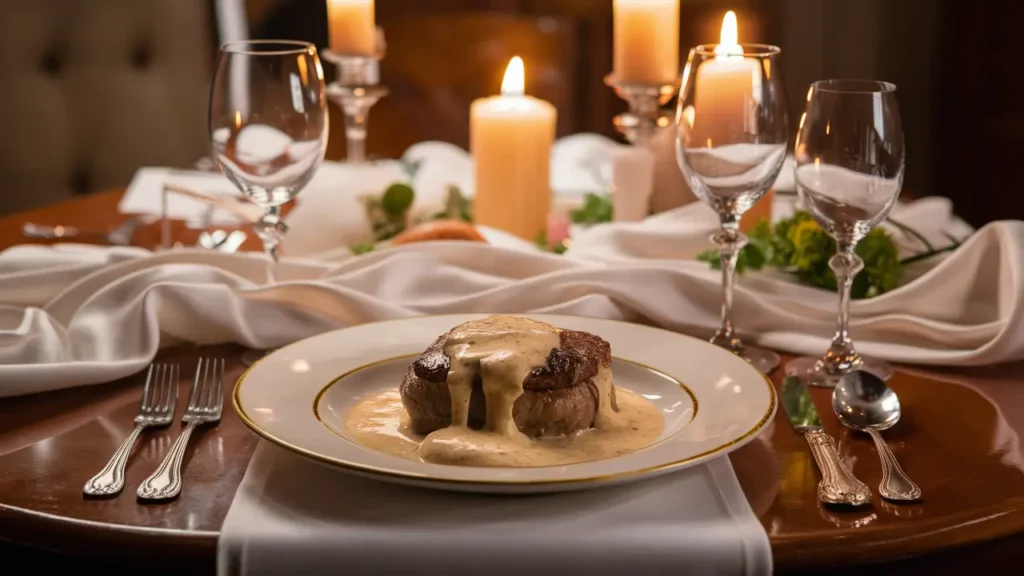 An elegant table setting with a plate of creamy Steak Alfredo, candlelight in the background, perfect for a romantic date night.”