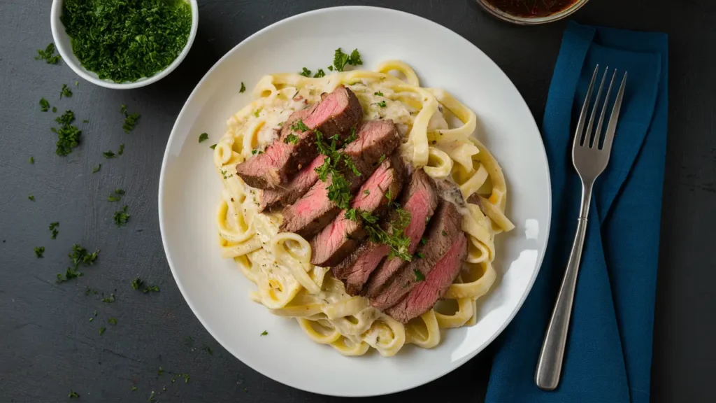 A beautifully plated Steak Alfredo with perfectly sliced steak on top of creamy pasta, garnished with parsley and Parmesan.