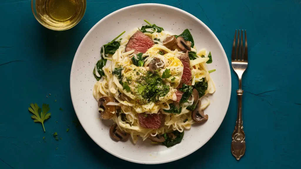 A plate of Steak Alfredo with sautéed spinach and mushrooms mixed in, topped with a sprinkle of fresh parsley.