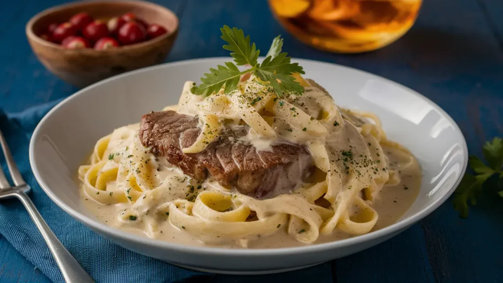 A close-up shot of a plate of Steak Alfredo with fettuccine pasta, perfectly coated in creamy sauce.