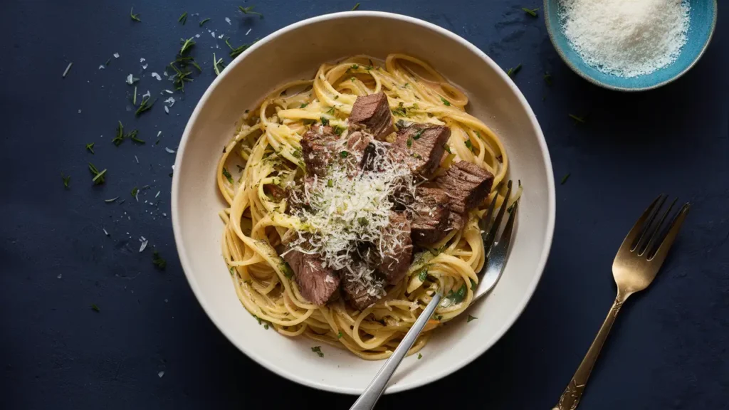 A bowl of Steak Alfredo with spaghetti, topped with freshly grated Parmesan cheese and garnished with herbs.