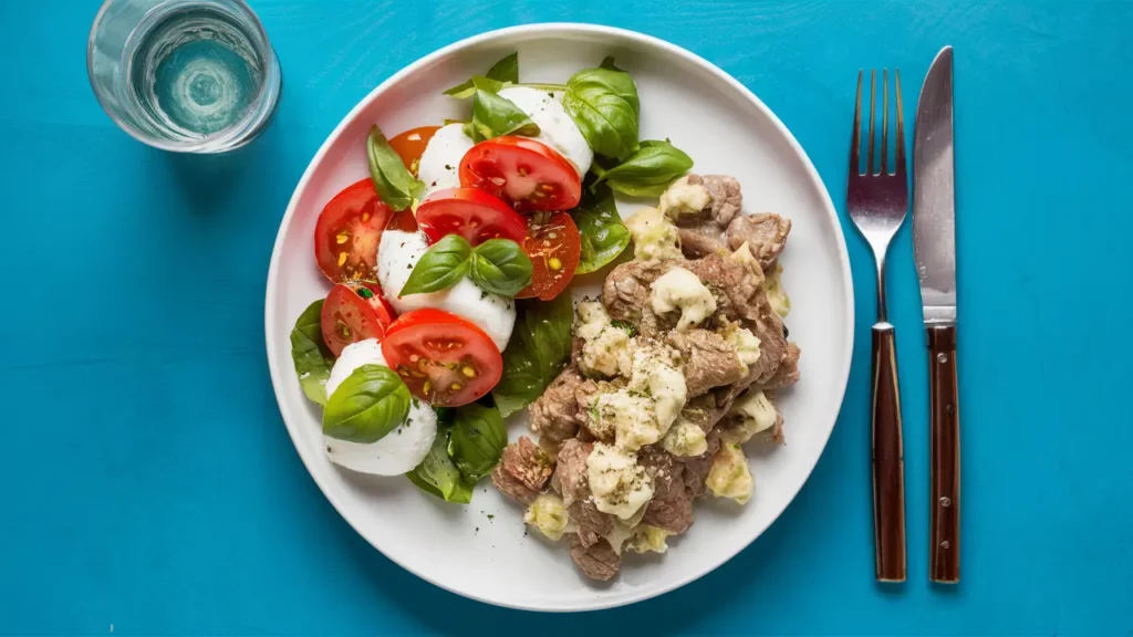 A vibrant Caprese salad with tomatoes, mozzarella, and basil served alongside Steak Alfredo.