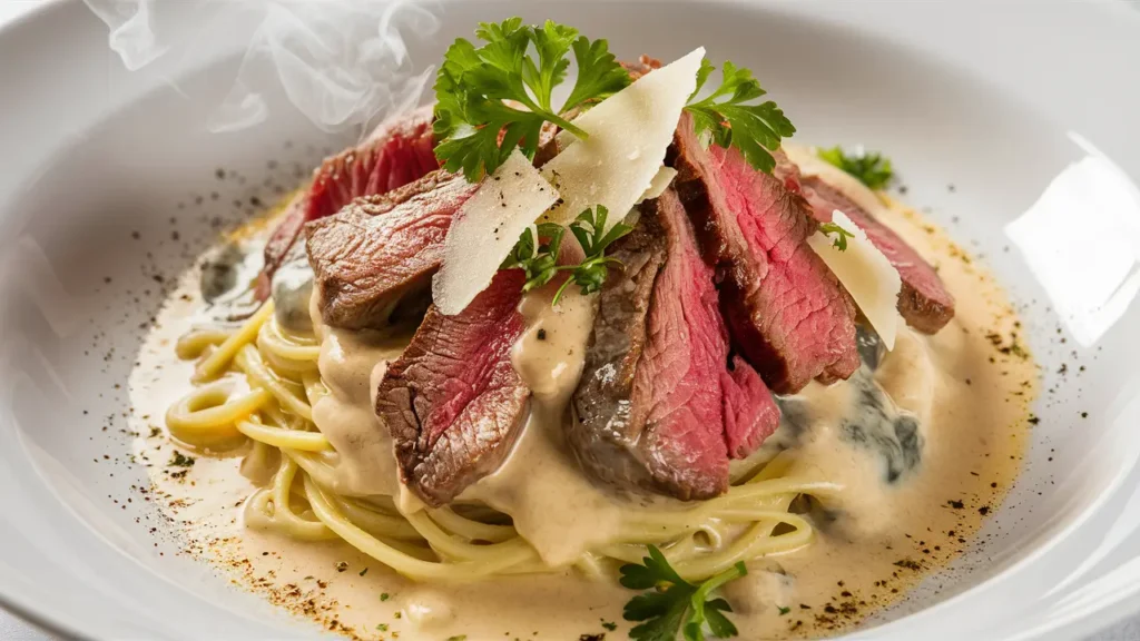 A close-up shot of a plate of creamy Steak Alfredo with perfectly cooked steak slices on top, garnished with fresh parsley, Parmesan cheese, and cracked black pepper.”