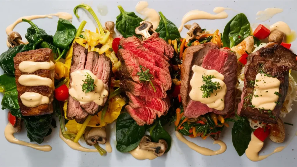 “Different variations of Steak Alfredo, featuring a mix of colorful vegetables like spinach and mushrooms, with alternative cuts of steak on the side.”