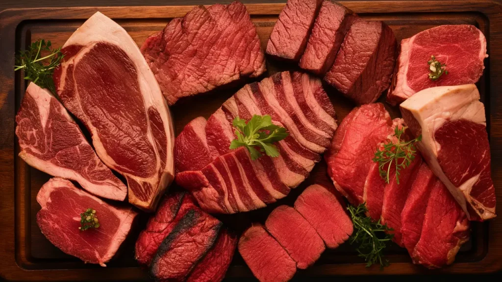 A variety of fresh, high-quality steak cuts displayed on a wooden board, including ribeye, sirloin, and filet mignon, ready to be cooked for Steak Alfredo.