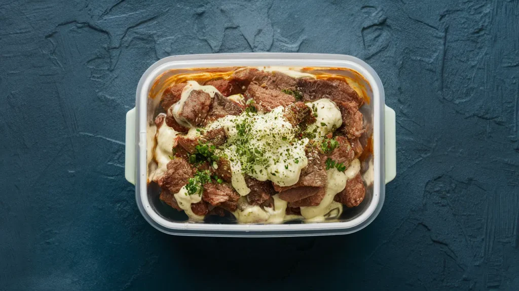 A tightly sealed container of leftover Steak Alfredo