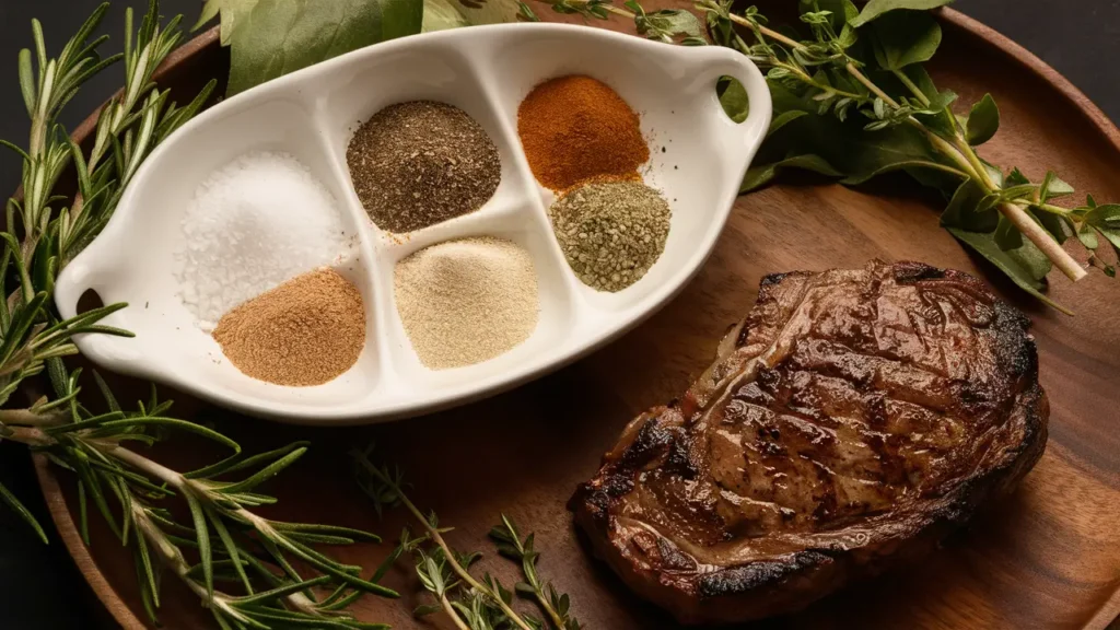 A seasoning setup with salt, pepper, garlic powder, onion powder, and fresh herbs, all ready to be sprinkled on a steak.”