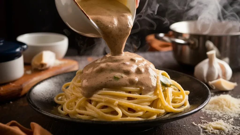 Close-up of creamy Alfredo sauce being poured over freshly cooked pasta, with garlic and Parmesan cheese in the background.”