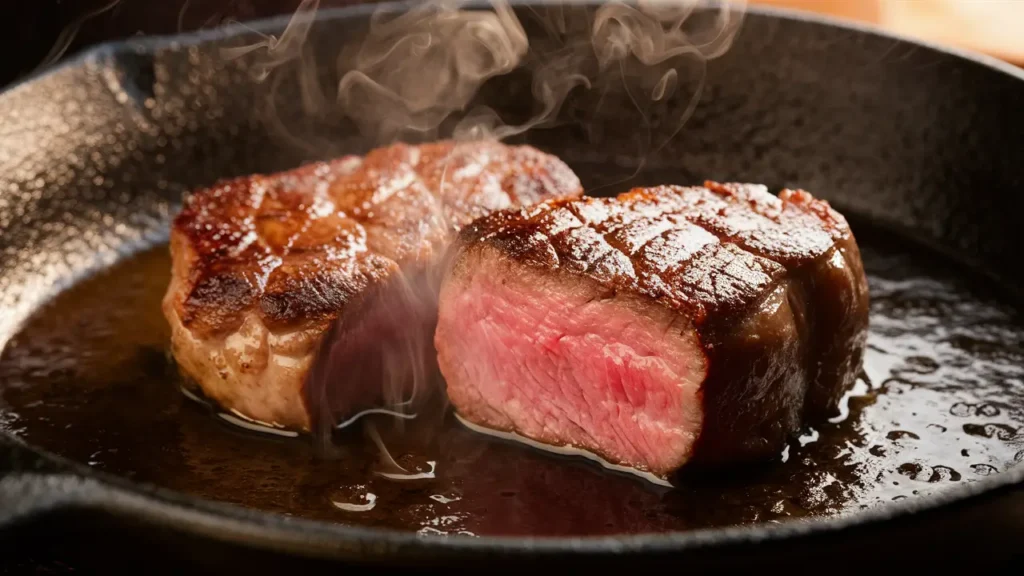 A sizzling steak cooking in a cast-iron skillet, with a golden-brown crust forming on both sides.”