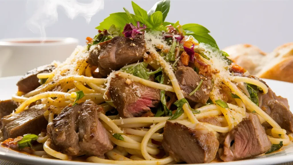 A plate of steak pasta, garnished with parmesan cheese and fresh herbs, ready to be served.