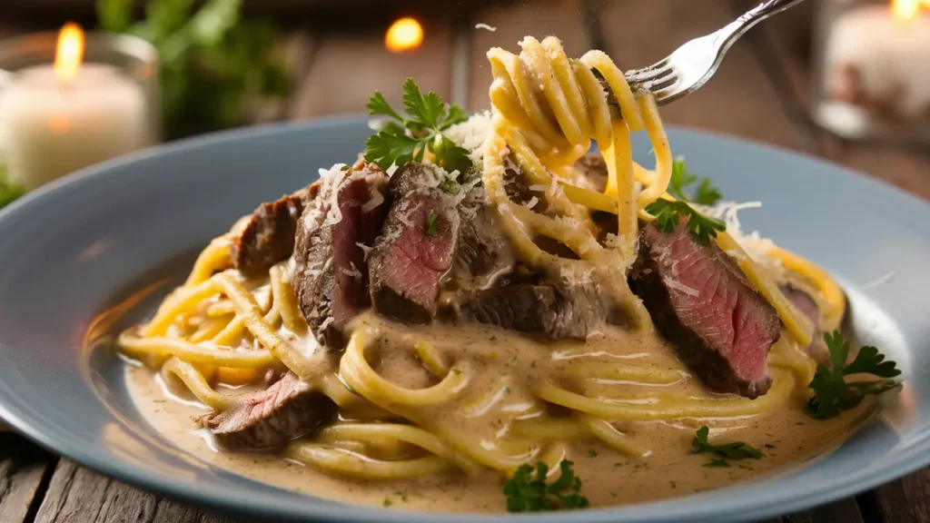 A close-up shot of a plate of creamy steak pasta with tender, juicy steak slices on top, garnished with fresh parsley and parmesan cheese, served on a rustic wooden table with a fork twirling the pasta.