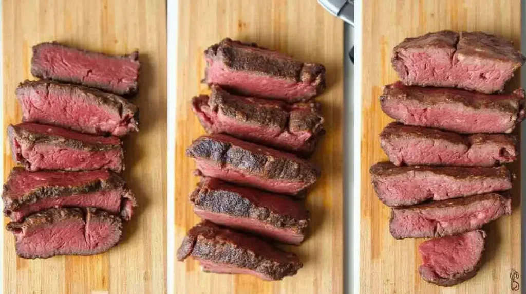 A side-by-side comparison of overcooked, undercooked, and perfectly cooked steak slices on a cutting board.