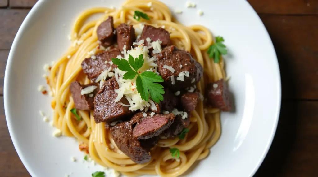 A top-down view of a beautifully plated steak pasta with garnishes like fresh parsley, parmesan shavings, and a sprinkle of red pepper flakes.