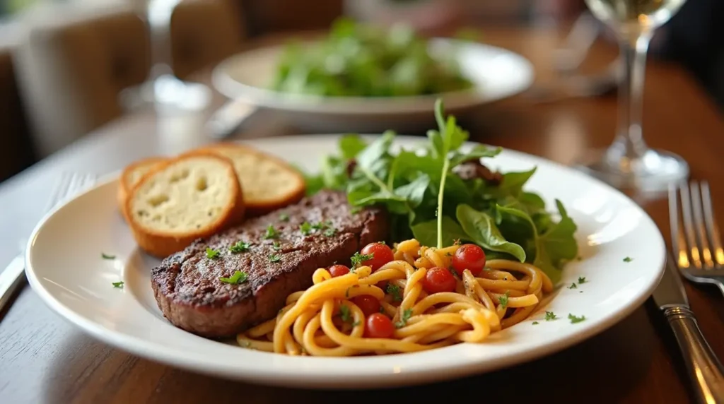  A beautifully set dinner table featuring steak pasta, a green salad, garlic bread, all elegantly served.