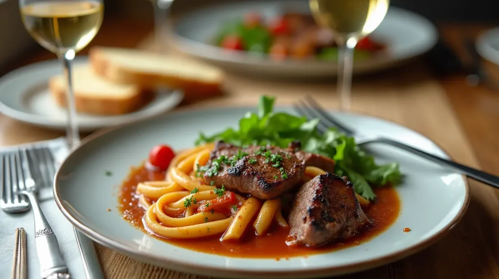  Leftover steak sliced thinly and added to a fresh pasta dish with creamy sauce, looking perfectly tender and appetizing.