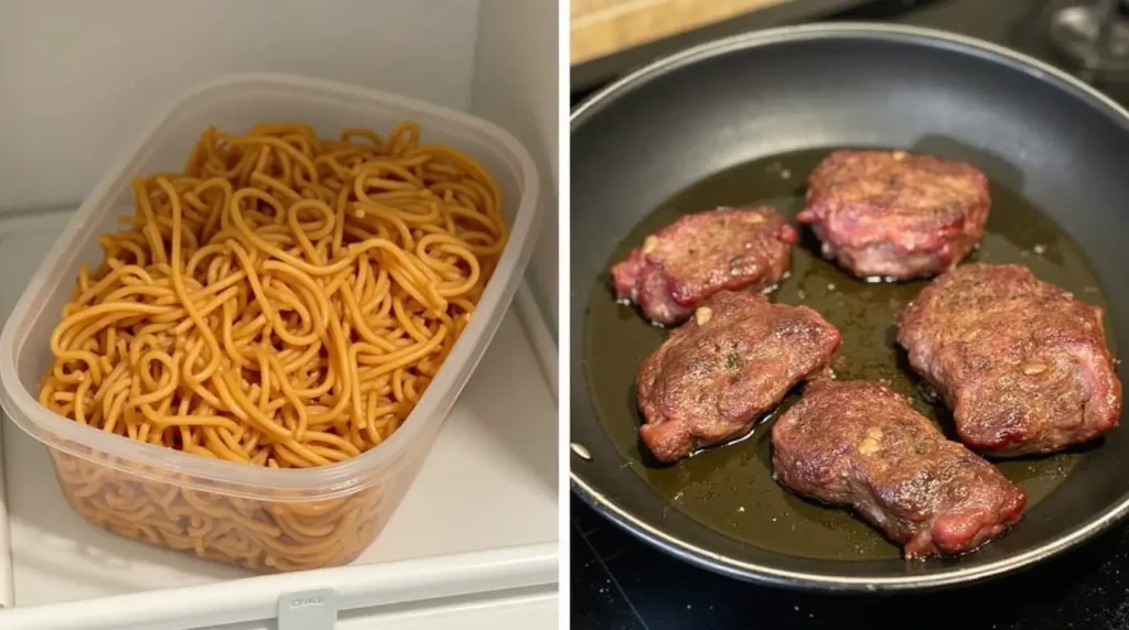 A neatly stored container of leftover steak pasta in the fridge, along with steak being reheated in a pan on the stovetop.