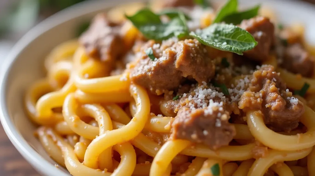 A close-up shot of a serving of steak pasta, showing the creamy texture and rich sauce.
