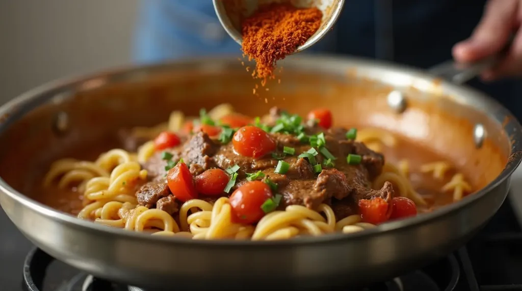  A visual of the steak pasta being prepared on a stovetop, with fresh vegetables and spices being added to the sauce.