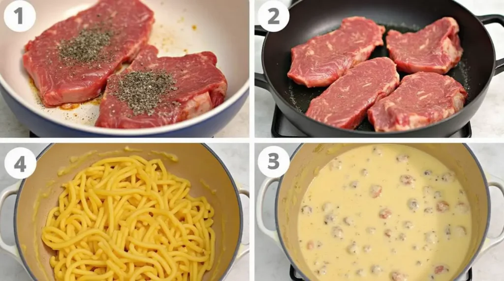 Step-by-step cooking process in a collage: raw steak seasoned with salt and pepper, steak searing in a hot pan, pasta boiling in a pot, and the final dish being mixed in a creamy sauce.