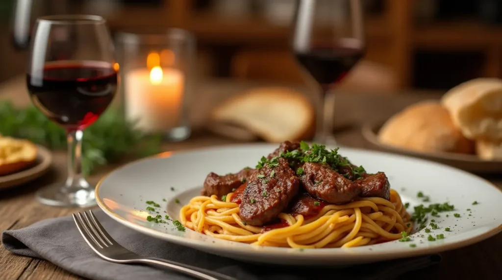 A beautifully set dining table with steak pasta as the centerpiece, surrounded by a glass of red wine, fresh bread, and a lit candle, creating a cozy dinner atmosphere.
