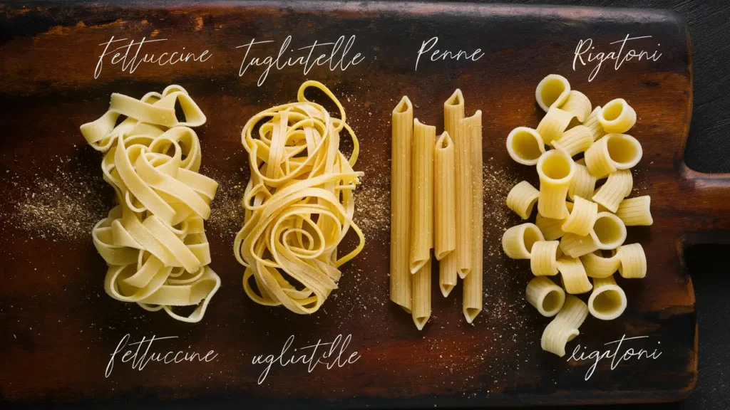 A flat-lay image of different pasta types (fettuccine, tagliatelle, penne, and rigatoni) on a wooden board, with small labels indicating each type.
