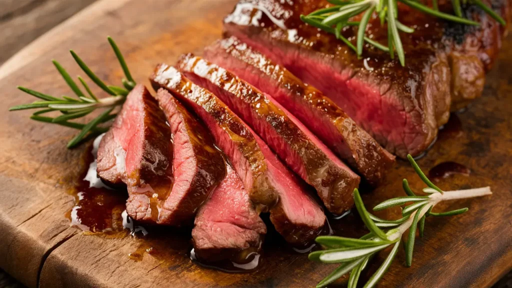 A perfectly seared medium-rare steak on a wooden cutting board, sliced into thin strips with visible juices and garnished with fresh rosemary.
