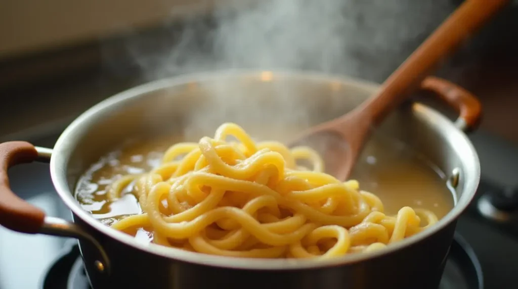 A boiling pot with fettuccine submerged in water, steam rising, and a wooden spoon stirring the pasta.