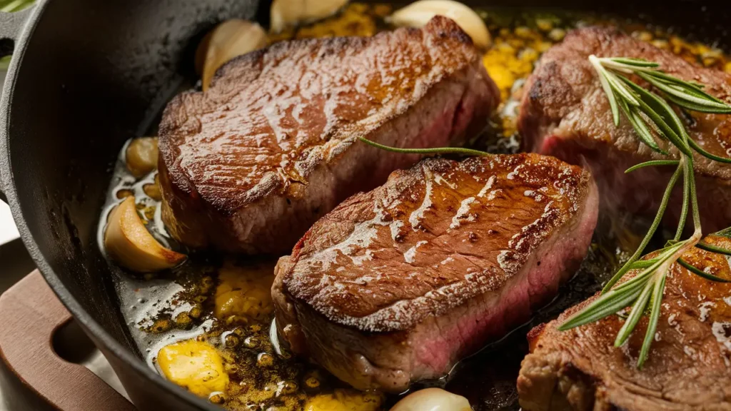 A close-up of a medium-rare steak sizzling in a cast-iron pan with butter, garlic, and rosemary.