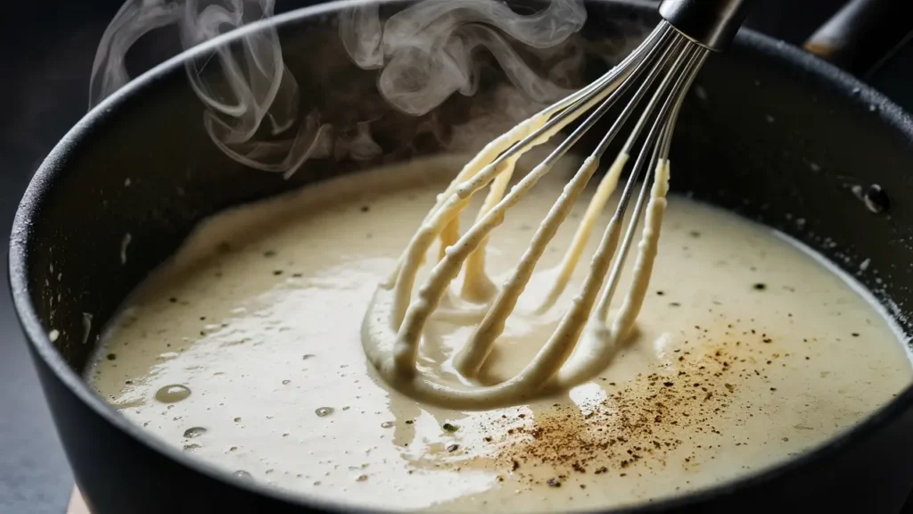 A saucepan with creamy white parmesan sauce being whisked, steam rising, with a sprinkle of black pepper on top.