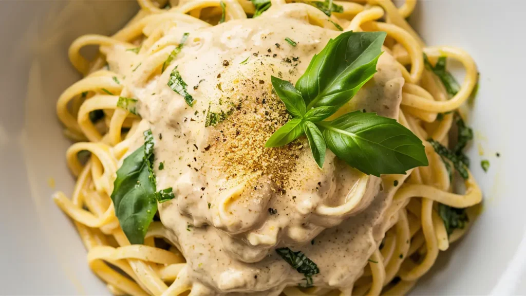 A bowl of gluten-free pasta topped with creamy dairy-free Alfredo sauce, showcasing the rich texture and flavor without dairy.”