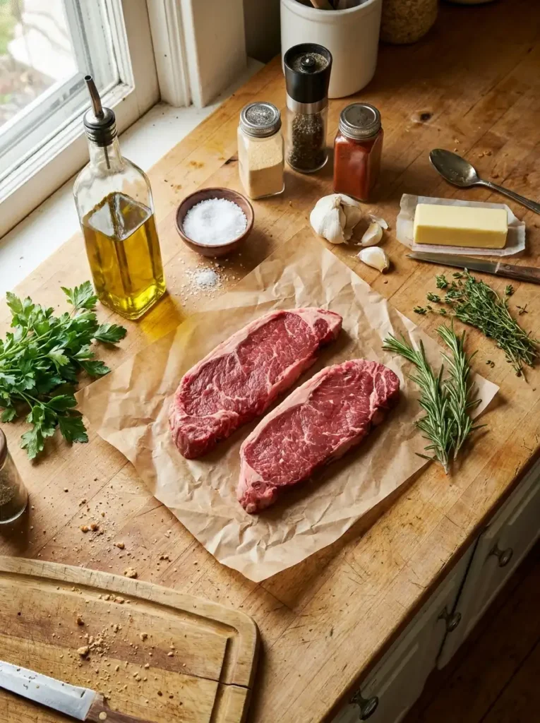 textTop sirloin steak with olive oil salt pepper garlic and herbs