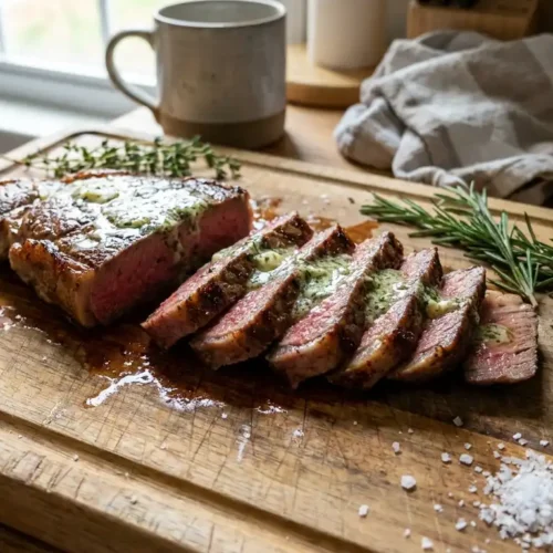 textGrilled sirloin steak sliced with garlic herb butter