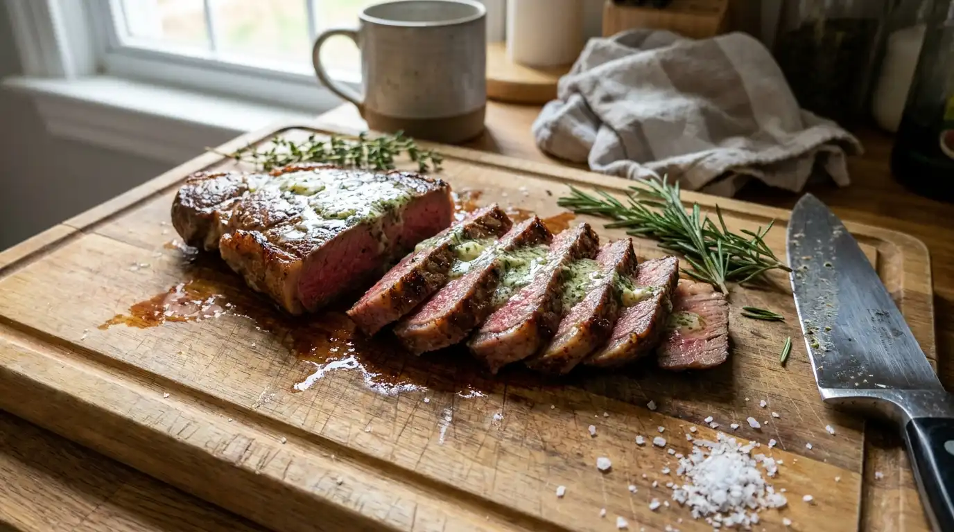 textGrilled sirloin steak sliced with garlic herb butter