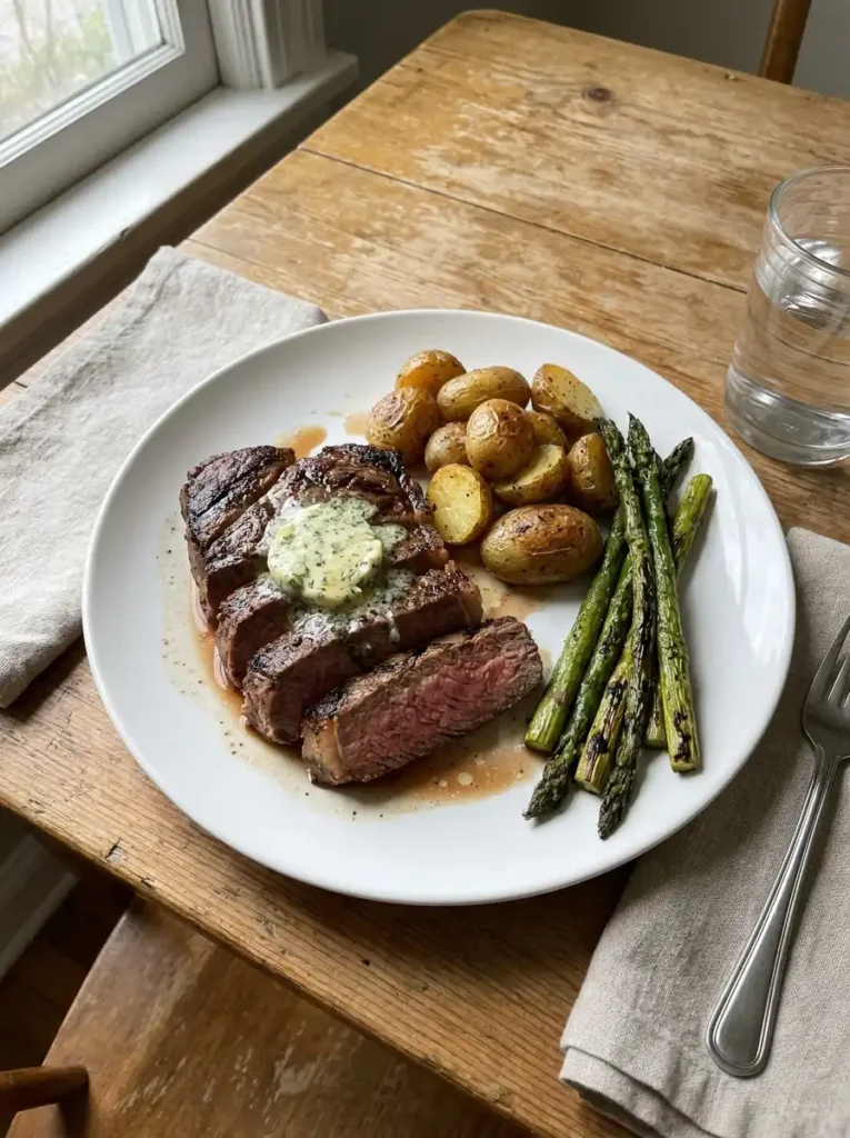 textGrilled top sirloin steak served with potatoes and asparagus