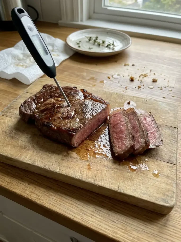 textInstant-read thermometer checking grilled sirloin steak temperature