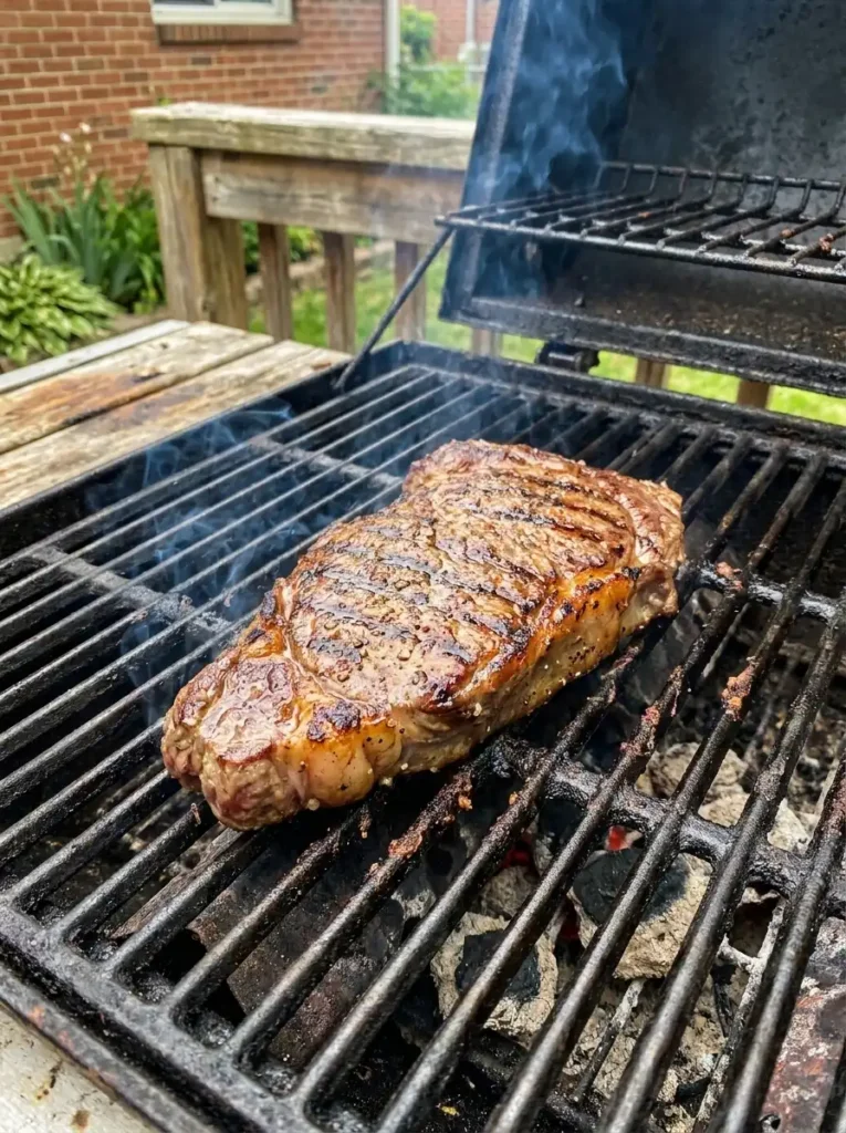 textSirloin steak cooking on hot grill grates