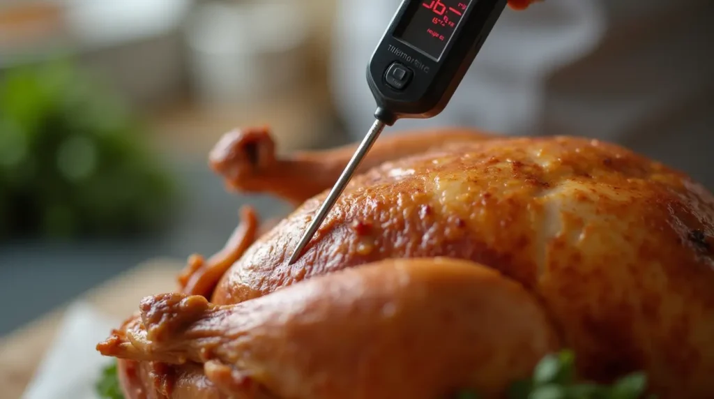 A close-up of a digital meat thermometer inserted into a turkey's thickest part, with the temperature display clearly showing 165°F, set against a blurred kitchen background