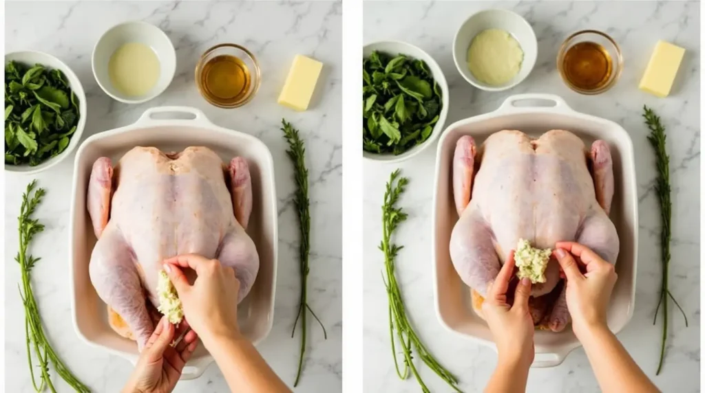 A step-by-step collage showing hands carefully lifting turkey skin and spreading herb butter underneath, with ingredients like fresh herbs, butter, and spices artfully arranged around the preparation area