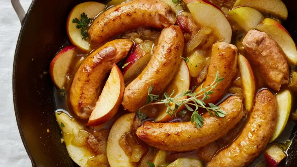 A skillet with golden chicken sausage slices and caramelized apples, served with fresh herbs on top.