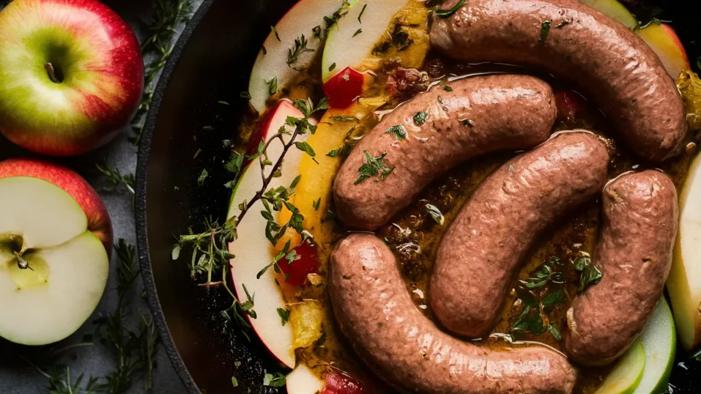 A close-up of a dairy-free chicken apple sausage sizzling in a skillet, surrounded by fresh apples and herbs. The scene should capture the vibrant colors of the ingredients with a rustic, homey vibe