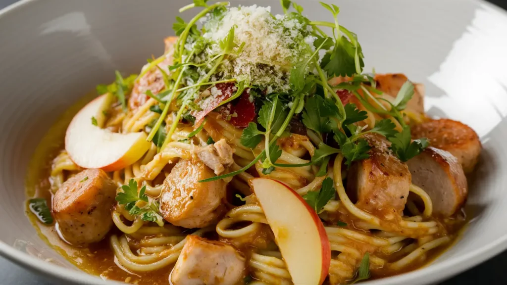 A bowl of pasta with chunks of chicken sausage, apple slices, and fresh herbs, all tossed together.
