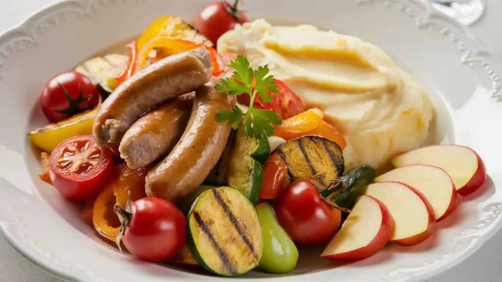 Dinner plate featuring chicken sausage and apples with grilled vegetables and mashed potatoes on the side, presented elegantly.