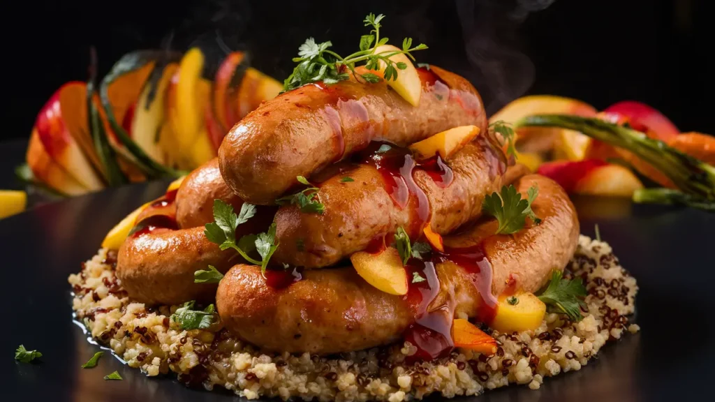 Spicy chicken sausage and apple cider, garnished with fresh herbs and a drizzle of hot sauce, served with quinoa and sautéed vegetables.