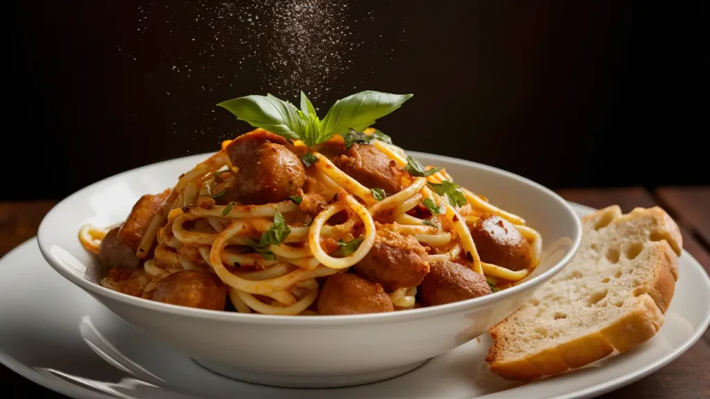 A healthy bowl of chicken apple sausage pasta with a side of crispy bread, garnished with fresh basil.