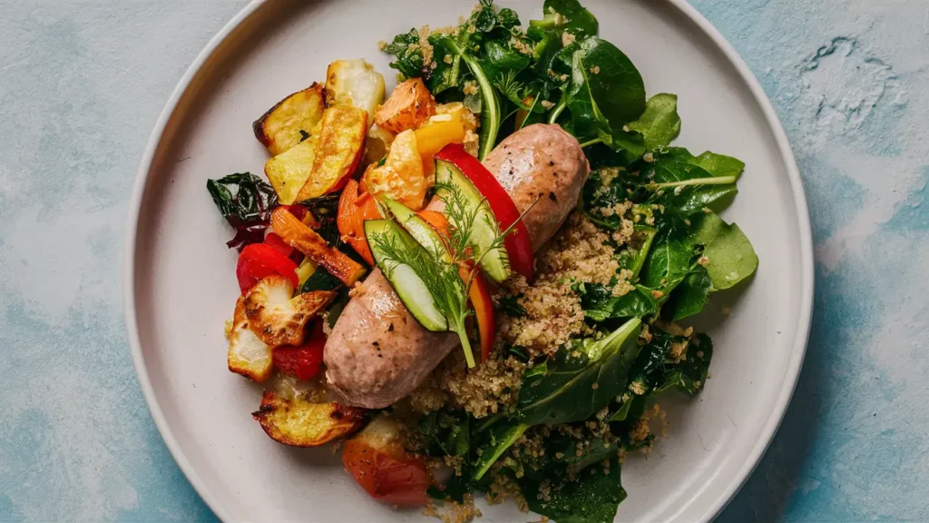 A plate of healthy chicken apple sausage served with sautéed greens, quinoa, and roasted vegetables. The food should look vibrant and nutritious, emphasizing the health benefits of the meal."