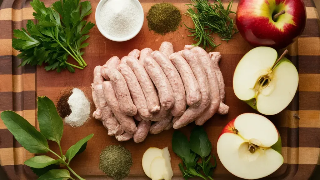 "An overhead shot of fresh ingredients for chicken apple sausage, including ground chicken, apples, herbs, and spices neatly arranged on a wooden cutting board. The focus should be on the freshness and natural quality of the ingredients."