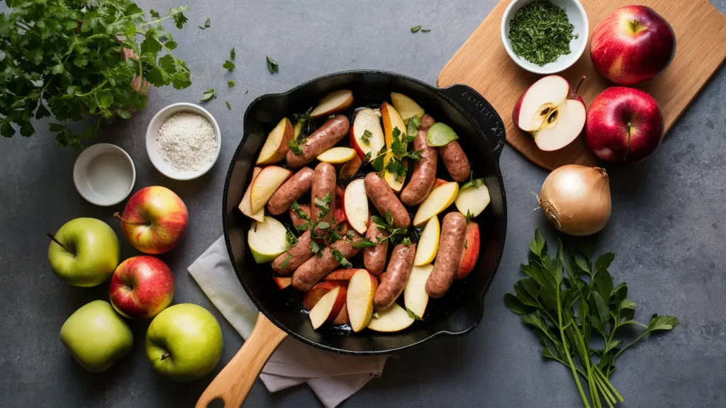 A vibrant kitchen scene with fresh ingredients for chicken sausage & apple skillet laid out on the counter, including apples, sausages, onions, and herbs.